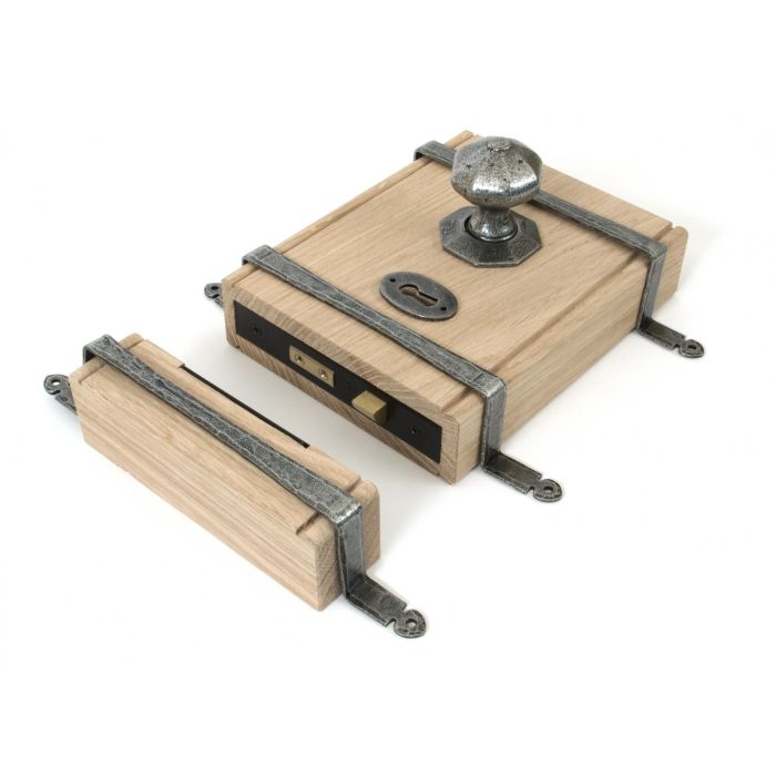 From The Anvil - Oak Box Rim Lock & Octagonal Door Knobs - Pewter Patina