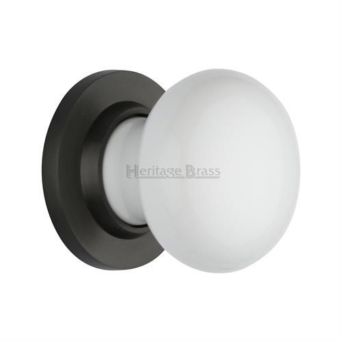 M.Marcus Heritage Brass Plain White Porcelain Mortice Door Knob on Metal Rose - Pair