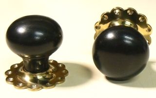 Traditional Pommel Black Wood Mortice/Rim Door Knob on Floral Rose - Pair