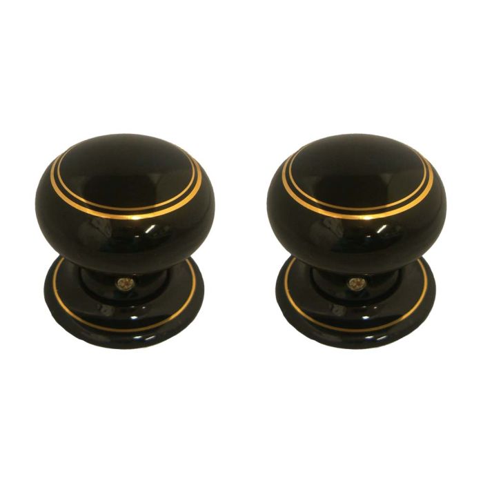 Chatsworth Porcelain Black Goldline Mortice/Rim Door Knob - Pair