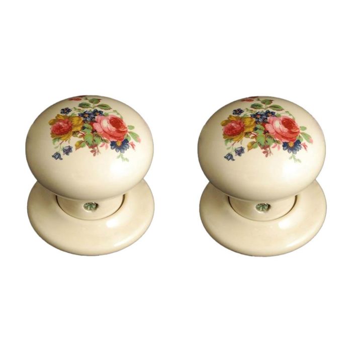 Chatsworth Porcelain Cream Country Rose Mortice/Rim Door Knob - Pair
