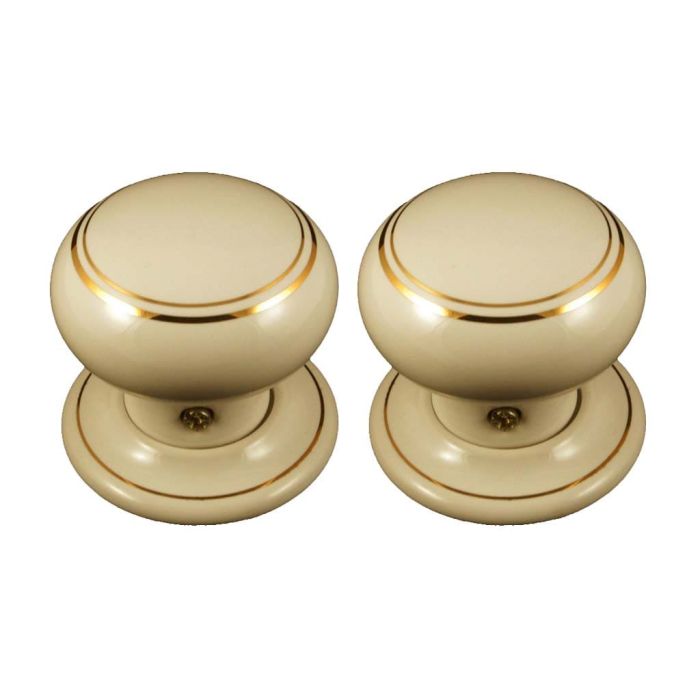 Chatsworth Porcelain Cream Double Goldline Mortice/Rim Door Knob - Pair