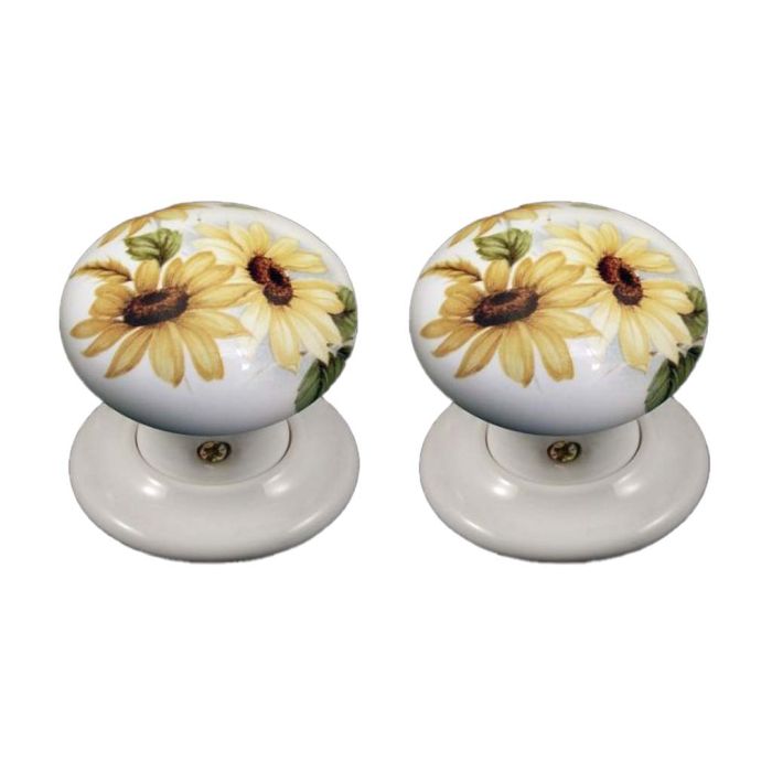 Chatsworth Porcelain Sunflowers Mortice/Rim Door Knob - Pair