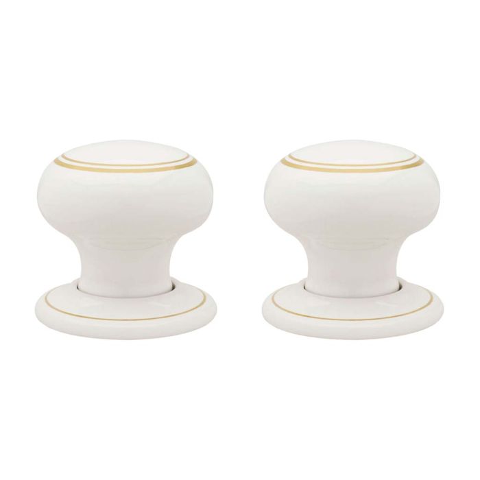 Chatsworth Porcelain White Goldline Mortice/Rim Door Knob - Pair