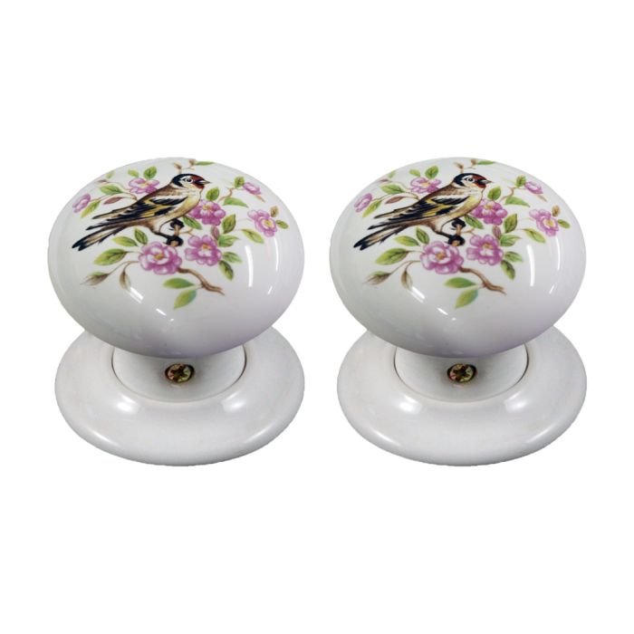 Chatsworth Porcelain Chantilly Bird Mortice/Rim Door Knob - Pair