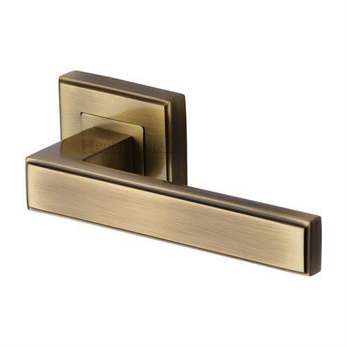 M.Marcus Heritage Brass Linear Sq Door Handle on Square Rose - Pair