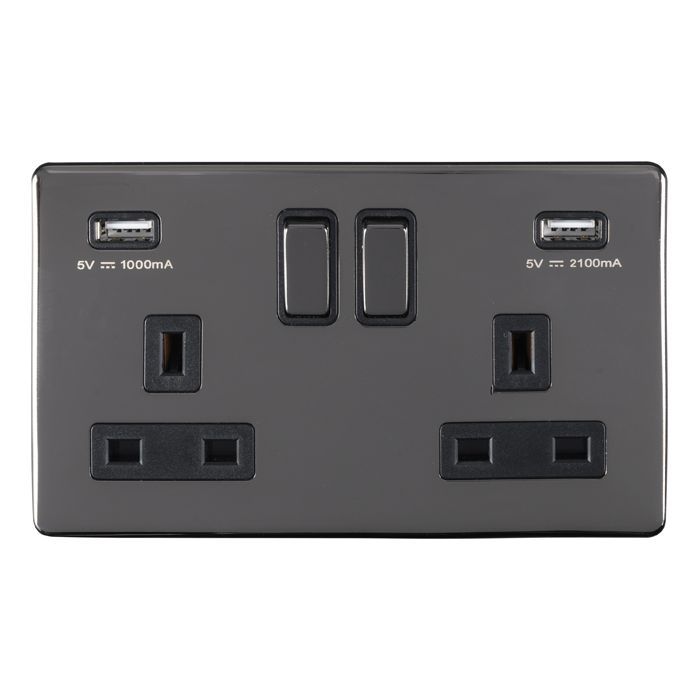 Eurolite - Concealed 6mm 2 Gang Socket with 2 USB's - Black Nickel