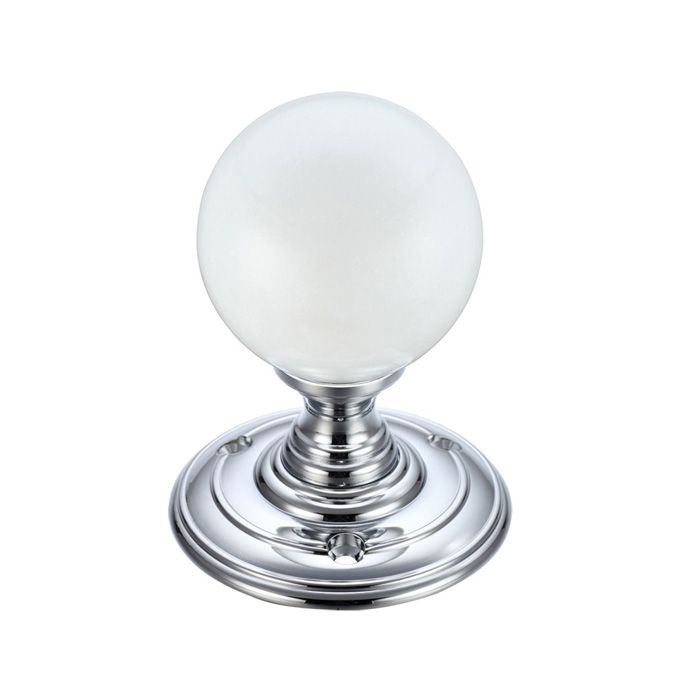 Fulton & Bray - Unsprung Frosted Glass Mortice Door Knob - Polished Chrome Rose - Pair