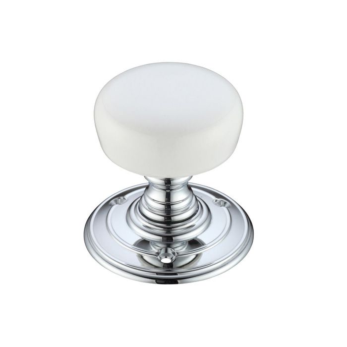 Fulton & Bray - Unsprung Porcelain Mortice Door Knob - Plain White / Polished Chrome - Pair