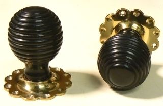 Traditional Carlton Black Wood Beehive Mortice/Rim Door Knob on Floral Rose - Pair