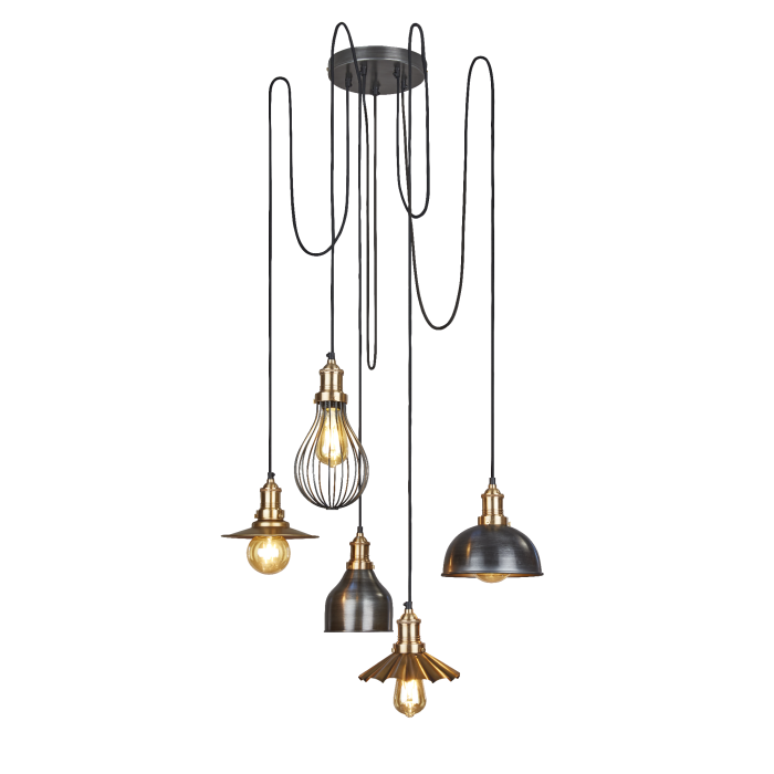 Industville - Brooklyn 5 Wire Pendant - Brass - Incl Shades