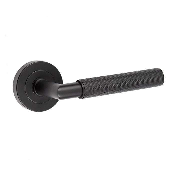 Frelan - Nero Mitred Knurled Door Handle on Rose - Matt Black - Pair