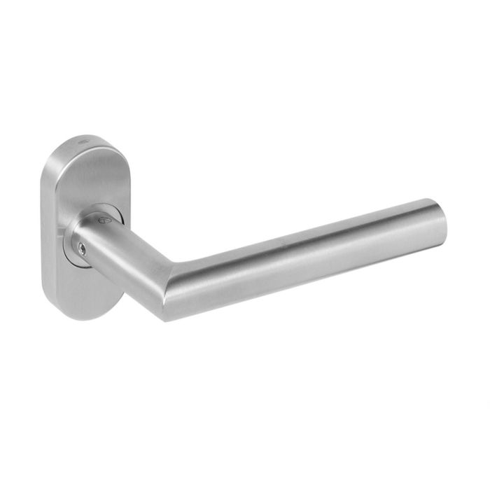 Blu Performance - Mitre Door Handle on Oval Rose - Satin Stainless Steel - Pair