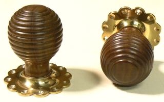 Traditional Carlton Dark Wood Beehive Mortice/Rim Door Knob on Floral Rose - Pair