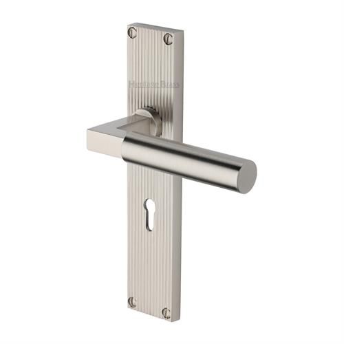 M.Marcus Heritage Brass Bauhaus Door Handle on Reeded Backplate - Pair