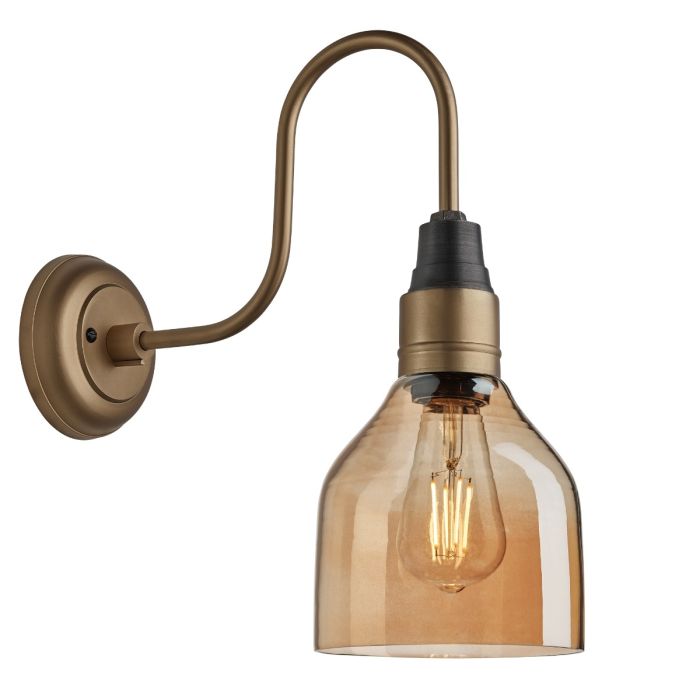 Industville - Swan Neck Tinted Glass Cone Wall Light - Amber - Brass Holder