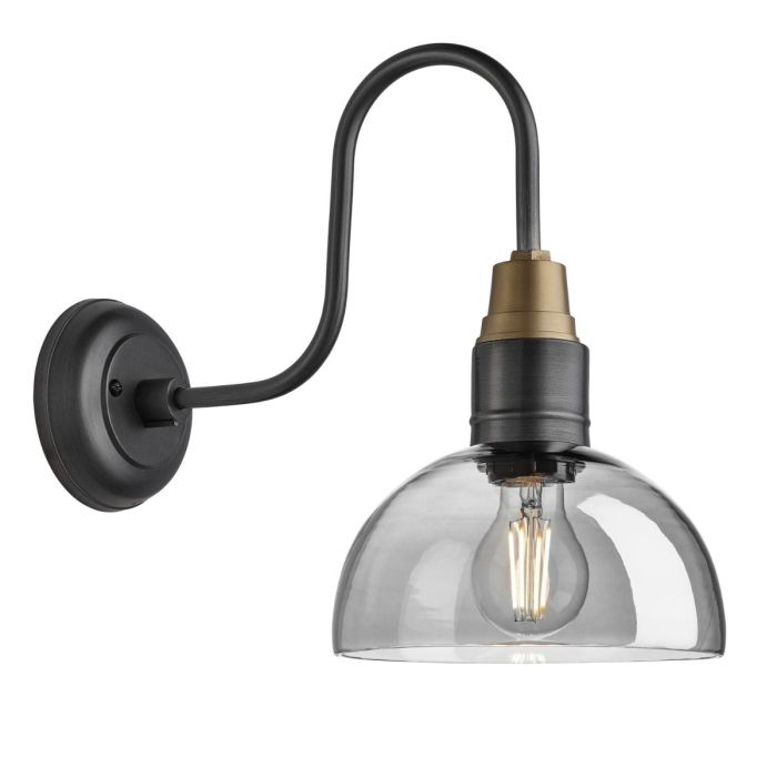 Industville - Swan Neck Tinted Glass Dome Wall Light - Smoke Grey - Pewter Holder