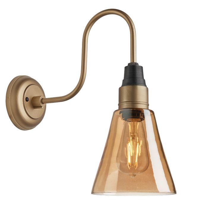 Industville - Swan Neck Tinted Glass Flask Wall Light - Amber - Brass Holder