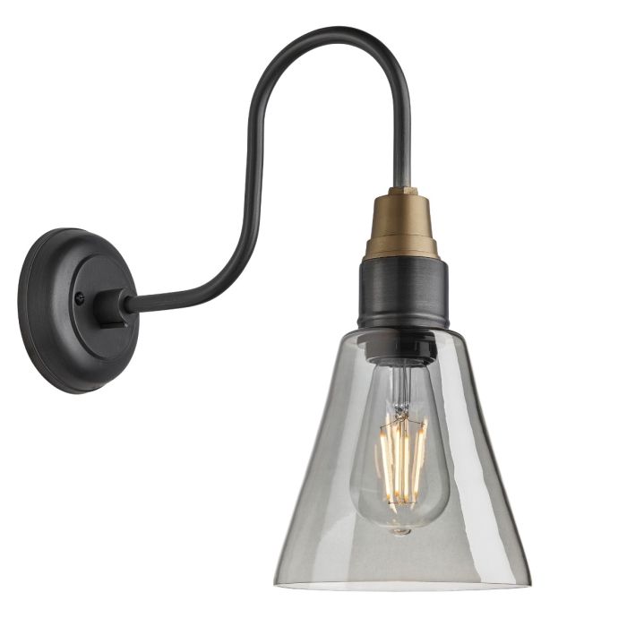 Industville - Swan Neck Tinted Glass Flask Wall Light - Smoke Grey - Pewter Holder
