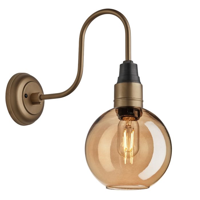 Industville - 7 Inch Swan Neck Tinted Glass Globe Wall Light - Amber - Brass Holder