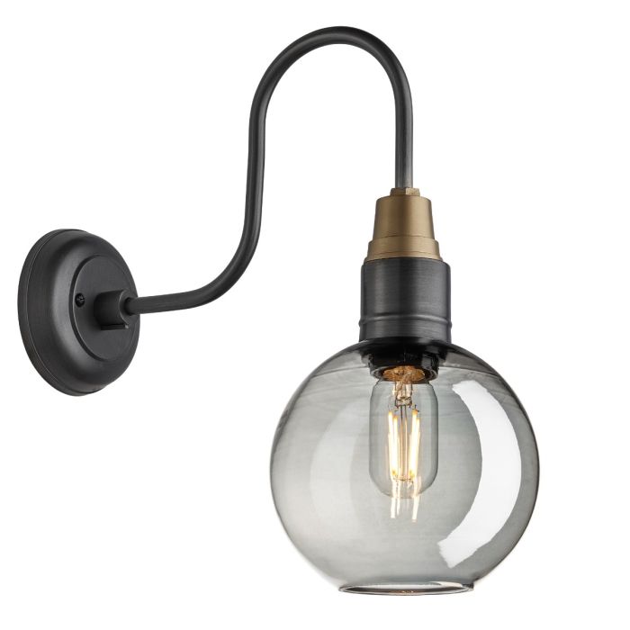 Industville - 7 Inch Swan Neck Tinted Glass Globe Wall Light - Smoke Grey - Pewter Holder