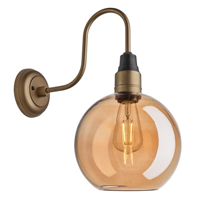 Industville - 9 Inch Swan Neck Tinted Glass Globe Wall Light - Amber - Brass Holder