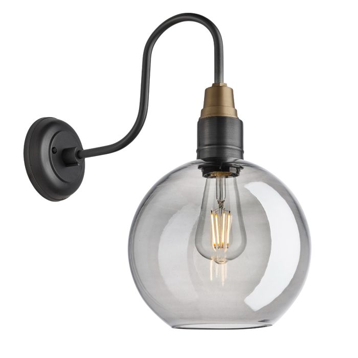 Industville - 9 Inch Swan Neck Tinted Glass Globe Wall Light - Smoke Grey - Pewter Holder