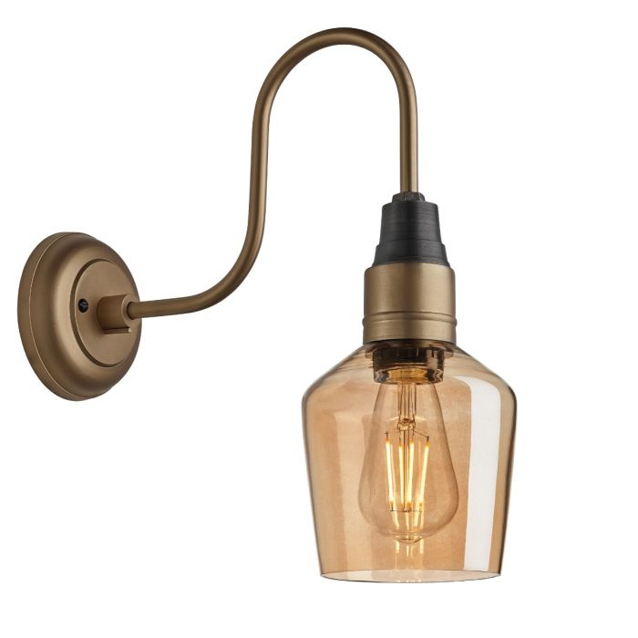 Industville - Swan Neck Tinted Glass Schoolhouse Wall Light - Amber - Brass Holder