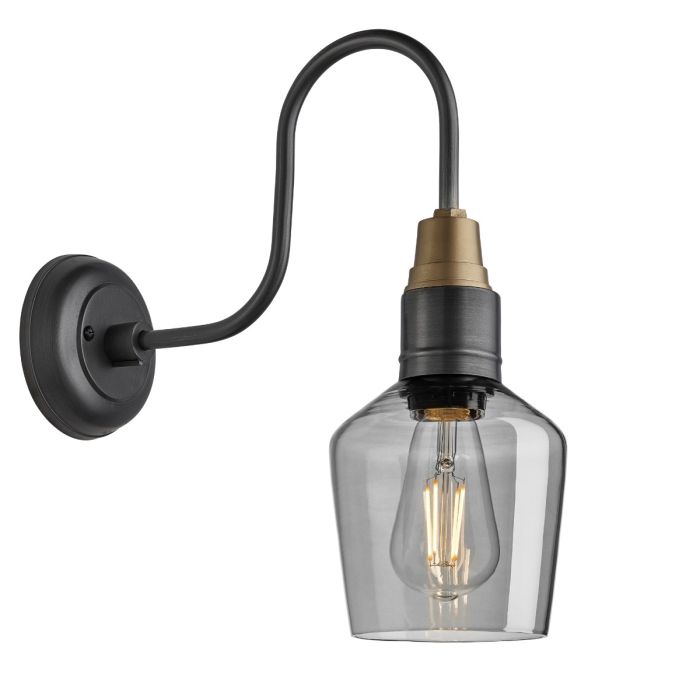Industville - Swan Neck Tinted Glass Schoolhouse Wall Light - Smoke Grey - Pewter Holder