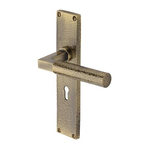 M.Marcus Heritage Brass Bauhaus Hammered Door Handle on Backplate - Pair