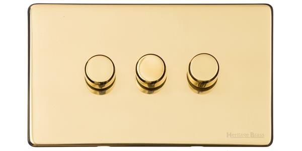 Heritage Brass Vintage Range Unlacquered Polished Brass, XUL - 3 Gang TED Dimmer (Compatible with LED Lamps)