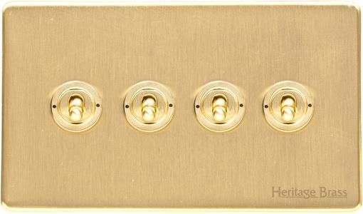 Heritage Brass Vintage Range Satin Brass, X44 - 4 Gang Toggle Switch