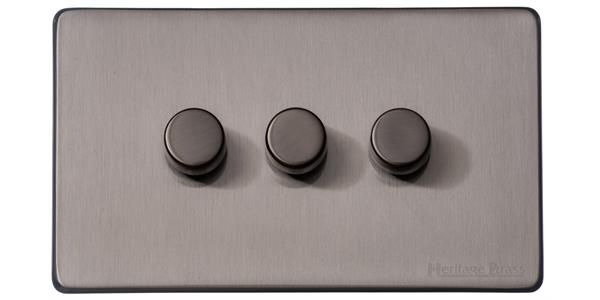 Heritage Brass Vintage Range Satin Black Nickel, X66 - 3 Gang Dimmer 250 watts (Compatible with halogen/ incandescent bulbs)