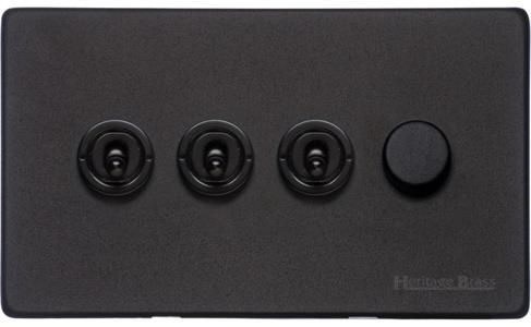 Heritage Brass Vintage Range Matt Black, XBK - 4G Mixed Toggle Dimmer Switch 3xToggle 1xTED