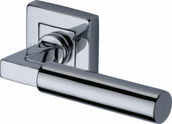 Heritage Brass Door Lever Handle on Rose Bauhaus SQ in Polished Chrome Finish