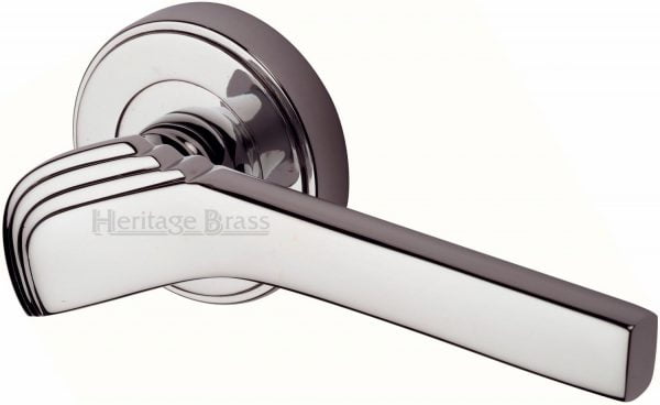 Heritage Brass Door Lever Handle on Rose Tiffany in Polished Nickel Art Deco Finish