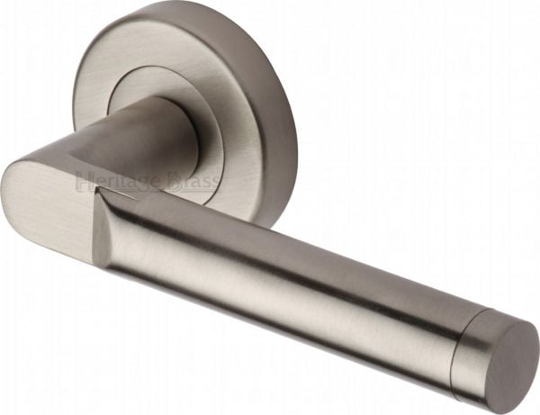 Heritage Brass Door Lever Handle on Rose Celia in Satin Nickel Finish